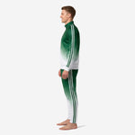 Mens custom green soccer tracksuit side profile showing tapered pant leg, white stripe trim, and full-dye sublimation gradient print