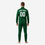 Custom green soccer tracksuit jacket detail showing white chevron panel, stand collar, full-zip front, and ribbed cuffs