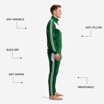 Custom green soccer tracksuit pants detail showing twin white side stripes, tapered cut, and player number on left thigh