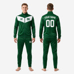 Green and white custom soccer tracksuit showing double contrast stripe detail on sleeve and pant leg for club team orders