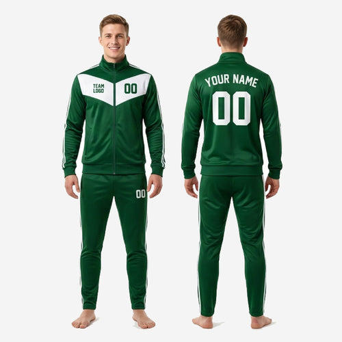 Green and white custom soccer tracksuit showing double contrast stripe detail on sleeve and pant leg for club team orders