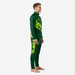 Side view of custom green soccer tracksuit showing Lime Green diagonal triangle panel on jacket and matching side panel on tapered track pants