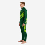 Right side view of custom green soccer tracksuit with stand collar full-zip jacket and tapered Lime Green panel pants for soccer team travel