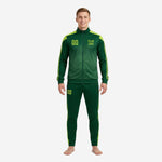 Mens custom green and white soccer tracksuit in Forest Green and Neon Green with stripe panels and full-zip jacket, front view