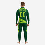 Close detail of Lime Green geometric triangle panel on custom green soccer tracksuit jacket, showing chest number and team logo print zones