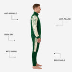 Custom green and white soccer tracksuit jacket close-up showing chest crest zone, player number print, and ribbed stand collar with full-length zip