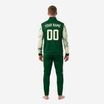 Detail of custom green and white soccer tracksuit marble-splash sublimated panel on sleeve and pant leg showing watercolor pattern in Off-White and Forest Green
