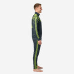 Custom green soccer tracksuit side view showing dual neon green sleeve stripes and pixel-burst shoulder print on graphite full-zip jacket