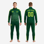 Ankle cuff and side stripe detail on Forest Green custom soccer tracksuit pants showing sublimated Neon Green trim