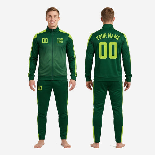 Ankle cuff and side stripe detail on Forest Green custom soccer tracksuit pants showing sublimated Neon Green trim
