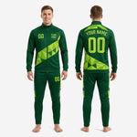 Custom green soccer tracksuit pants side panel detail showing Lime Green geometric triangle print and zipped ankle on tapered leg