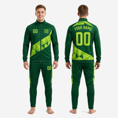 Custom green soccer tracksuit pants side panel detail showing Lime Green geometric triangle print and zipped ankle on tapered leg
