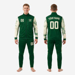 Custom green and white soccer tracksuit pants side panel detail showing Off-White marble-splash stripe and ribbed ankle cuff on tapered leg