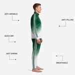 Custom green soccer tracksuit tapered pants with Forest Green to White gradient and three white stripes running full leg length