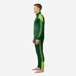 Side profile of mens green soccer tracksuit with tapered pants, Neon Green side stripes and ankle cuff block, full set view