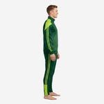 Side view of custom green soccer tracksuit showing Neon Green shoulder panel and twin sleeve stripe detail on mens athletic cut