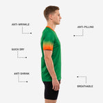 Back view of custom green soccer training jersey showing player number and surname bar printed in white via full-dye sublimation