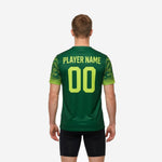 Close detail of Neon Yellow camo-dot gradient sleeve print on custom Forest Green soccer training jersey