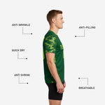 Green soccer training jersey crew neckline and athletic cut detail, Forest Green body with Neon Green camo contrast sleeves