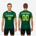 Crew neckline detail on custom Forest Green soccer training jersey with full-dye sublimation print