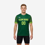 Custom green soccer training jersey in Forest Green with Neon Yellow camo-dot sleeves, front view, mens athletic fit