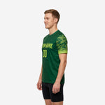Custom short sleeve training jersey in Forest Green and Neon Yellow, right side view showing sleeve camo pattern