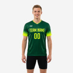 Custom green soccer training jersey in Forest Green and Neon Yellow gradient with team name and number on chest, front view