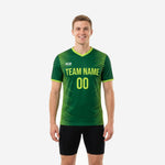 Custom green soccer training jersey with neon green geometric stripe burst print, team name and number on chest, Forest Green V-neck short sleeve, adult male model front view