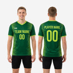 Custom green soccer training jersey back view showing full-coverage geometric burst print, back number and surname zones in neon green on Forest Green sublimated fabric