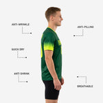 Close-up of Neon Yellow gradient sleeve cuff on Forest Green custom soccer training jersey by K2 Sportswear