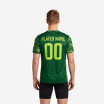 Close-up of Neon Green camo sleeve detail on custom green soccer training jersey, full-dye sublimation print