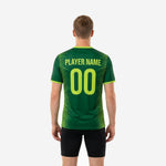 Green soccer training jersey neon green diagonal stripe detail radiating from center chest across shoulders and hem, full-dye sublimation on 100 percent polyester