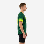 Side view of custom green soccer training jersey with Neon Yellow gradient sleeve fading from cuff toward shoulder
