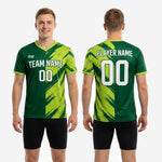 Custom green soccer training jersey short sleeve with Lime Green cuff trim detail, showing moisture-wicking polyester construction