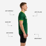 Custom green soccer training jersey V-neck collar detail showing Lime Green contrast trim against Forest Green body fabric