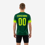 V-neck collar detail on custom green soccer training jersey with Neon Yellow contrast trim stitching