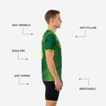 Custom green soccer training jersey V-neck collar with neon green contrast trim band and matching sleeve cuff trim, Forest Green base fabric detail