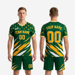 Custom green soccer uniform back view showing player name and number placement on Forest Green and Athletic Gold kit