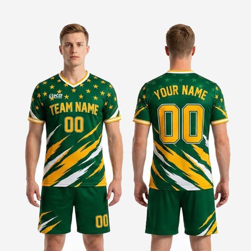 Custom green soccer uniform back view showing player name and number placement on Forest Green and Athletic Gold kit