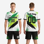 Custom green soccer uniforms full kit back view with player name arc and back number sublimated in black
