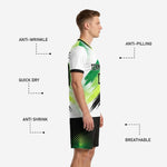Custom green soccer uniforms shorts detail showing neon green halftone dot fade from black waistband to hem