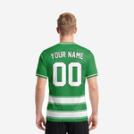 Green soccer jersey front detail showing Kelly Green and Pure White stripe pattern with sublimated team name and front player number