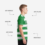 Custom green soccer jersey back view with player name arc and back number printed in full-dye sublimation on white stripe band