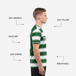 Back view of custom Kelly Green and White striped soccer jersey showing back name and number print zones for full roster personalization