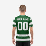 Detail view of custom green soccer jersey team name and front number print zones on sublimated horizontal stripe body