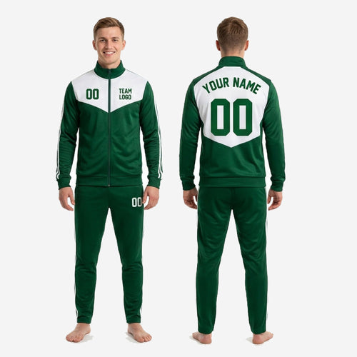 Custom green and white 2-piece soccer tracksuit jacket and pants full set on adult male