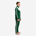 Green soccer tracksuit side view showing white twin stripes on sleeve and tapered pants