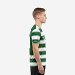 Custom green and white striped soccer jersey right side view displaying Kelly Green and Pure White stripe layout edge to edge
