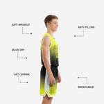 Back view of custom green youth basketball uniforms showing player name and number placement above black mid-section fade