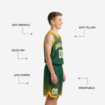 Back view of custom green youth basketball uniforms showing back name and number placement on the sublimated jersey